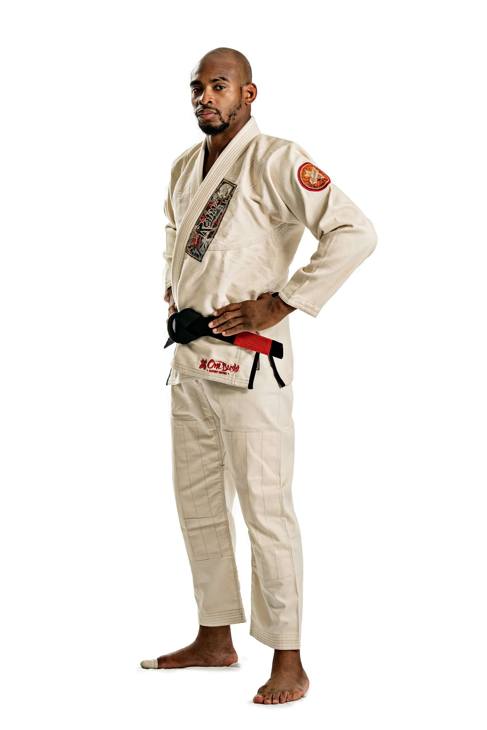 Athlete wearing Roninbrand Oni Bushi unbleached BJJ gi, showcasing comfort and style for grappling techniques.