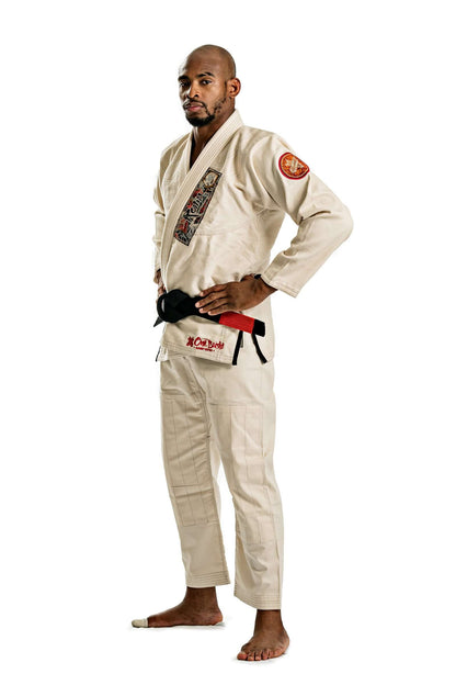 Athlete wearing Roninbrand Oni Bushi unbleached BJJ gi, showcasing comfort and style for grappling techniques.