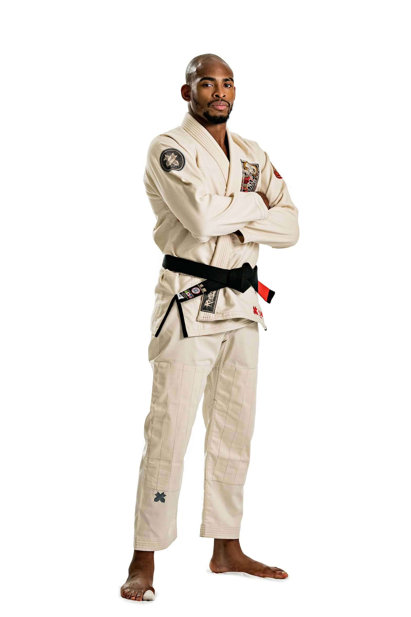 Roninbrand Oni Bushi unbleached BJJ gi on a martial artist, showcasing premium design for grappling success.