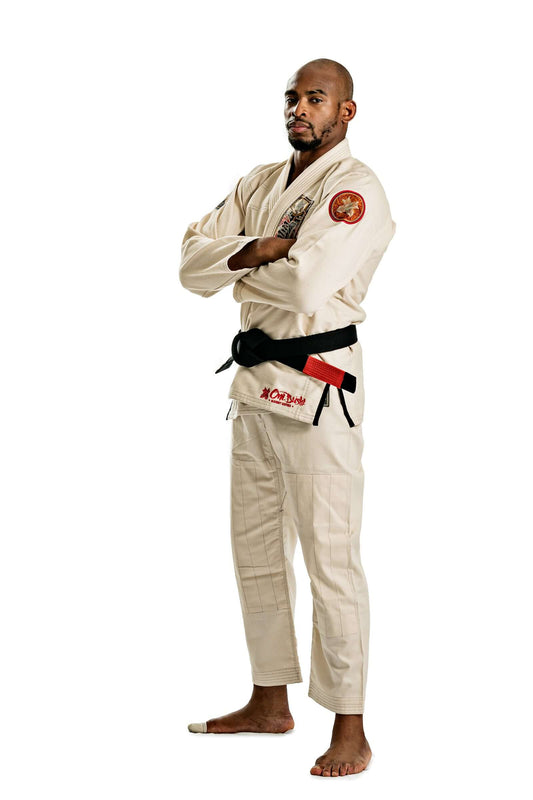 Roninbrand Oni Bushi BJJ Gi in unbleached color showcasing best comfort for grappling techniques.