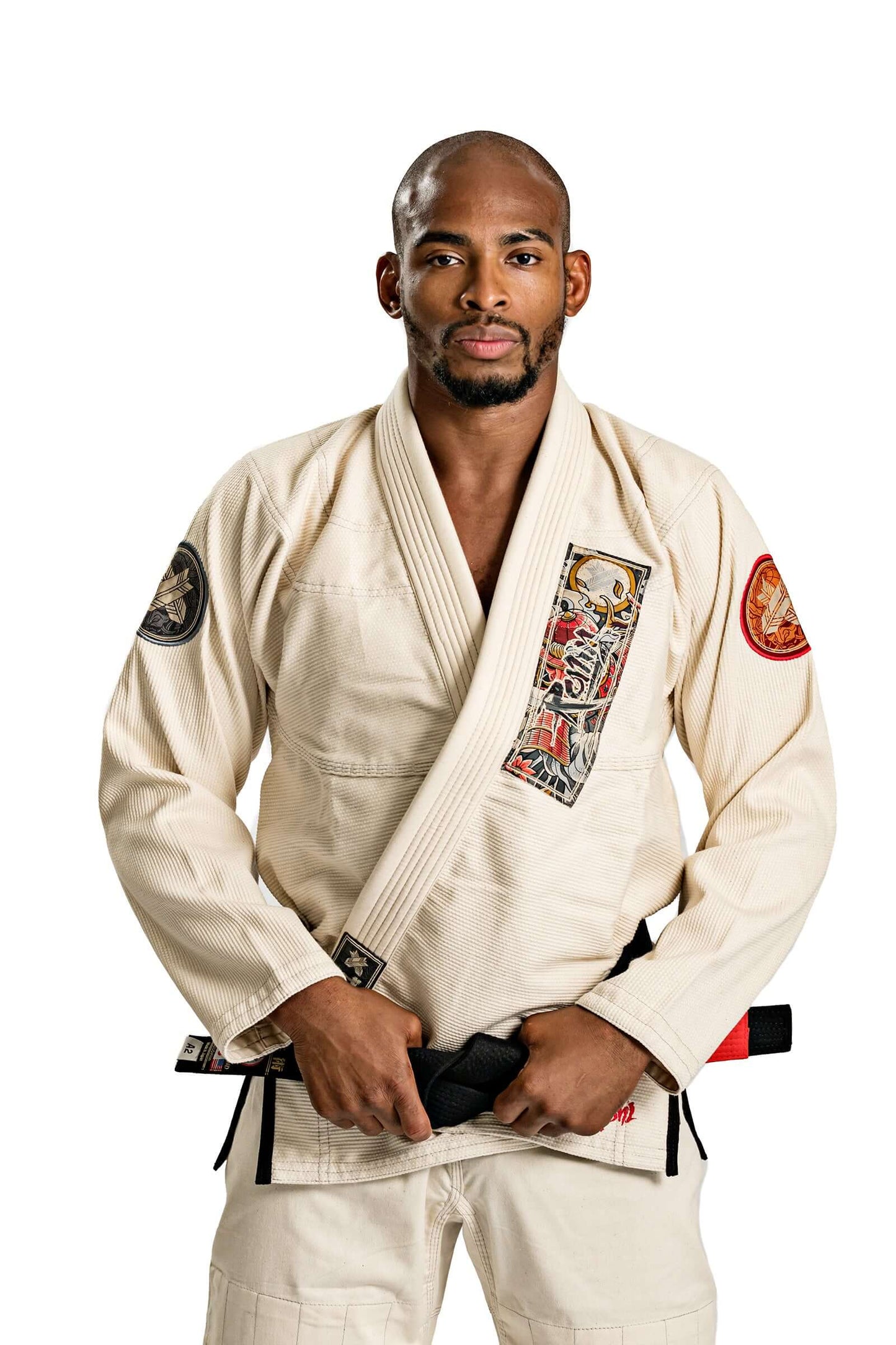 Man wearing Roninbrand Oni Bushi Unbleached BJJ Gi, showcasing comfort and style for Brazilian Jiu Jitsu training.