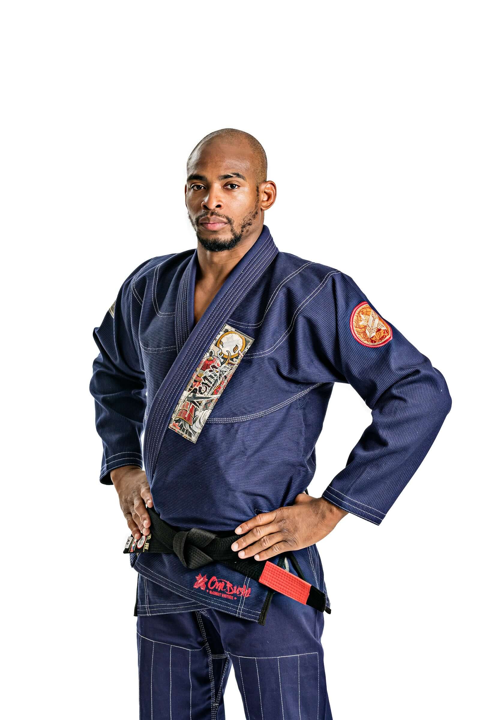 Model showcasing the Roninbrand Oni Bushi Navy BJJ Gi, designed for ultimate comfort and fit in Brazilian Jiu Jitsu.