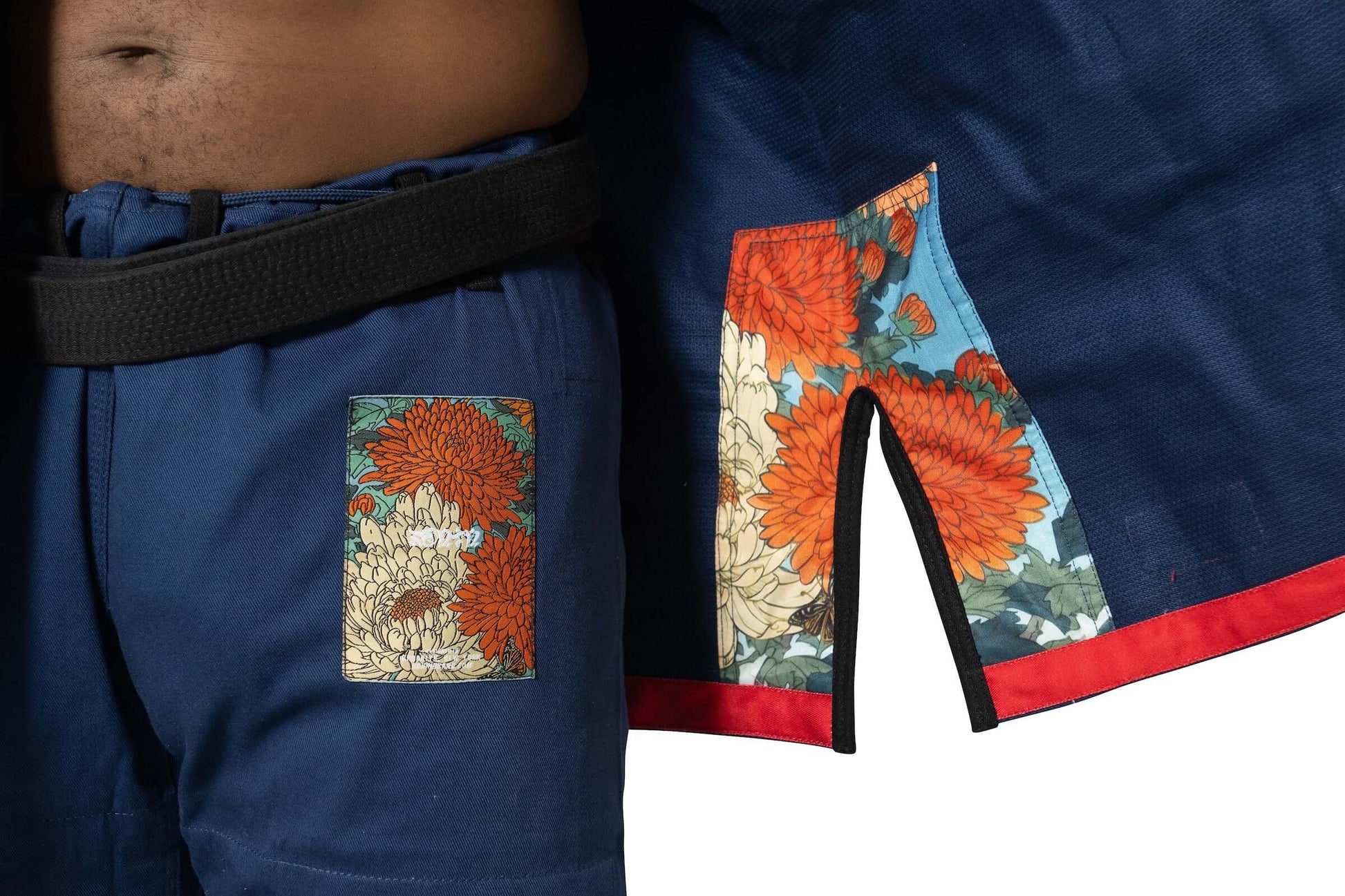 Roninbrand Shinsei Yūgure BJJ Gi Navy showcasing intricate floral embroidery and premium craftsmanship for Brazilian Jiu Jitsu combat.