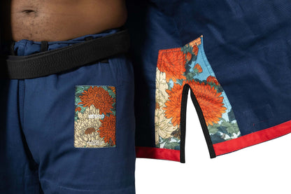Roninbrand Shinsei Yūgure BJJ Gi Navy showcasing intricate floral embroidery and premium craftsmanship for Brazilian Jiu Jitsu combat.