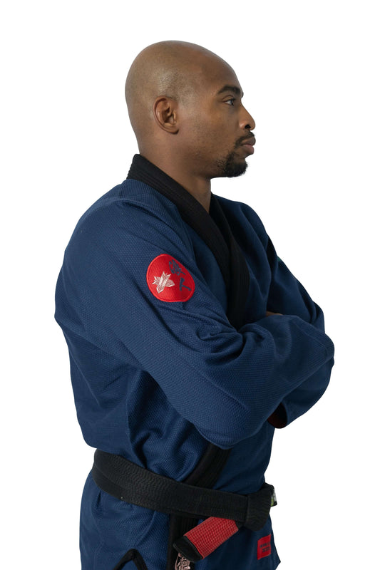Roninbrand Shinsei Yūgure BJJ Gi in navy, showcasing professional design for optimal comfort and grappling performance.