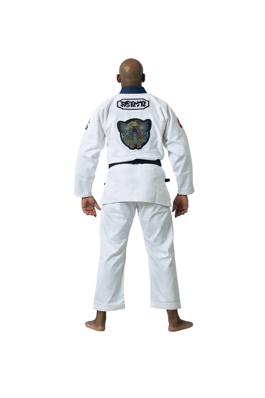 Roninbrand Shinsei Yūgure BJJ Gi in white, back view showcasing Death’s Head Hawk Moth design for Brazilian Jiu Jitsu.
