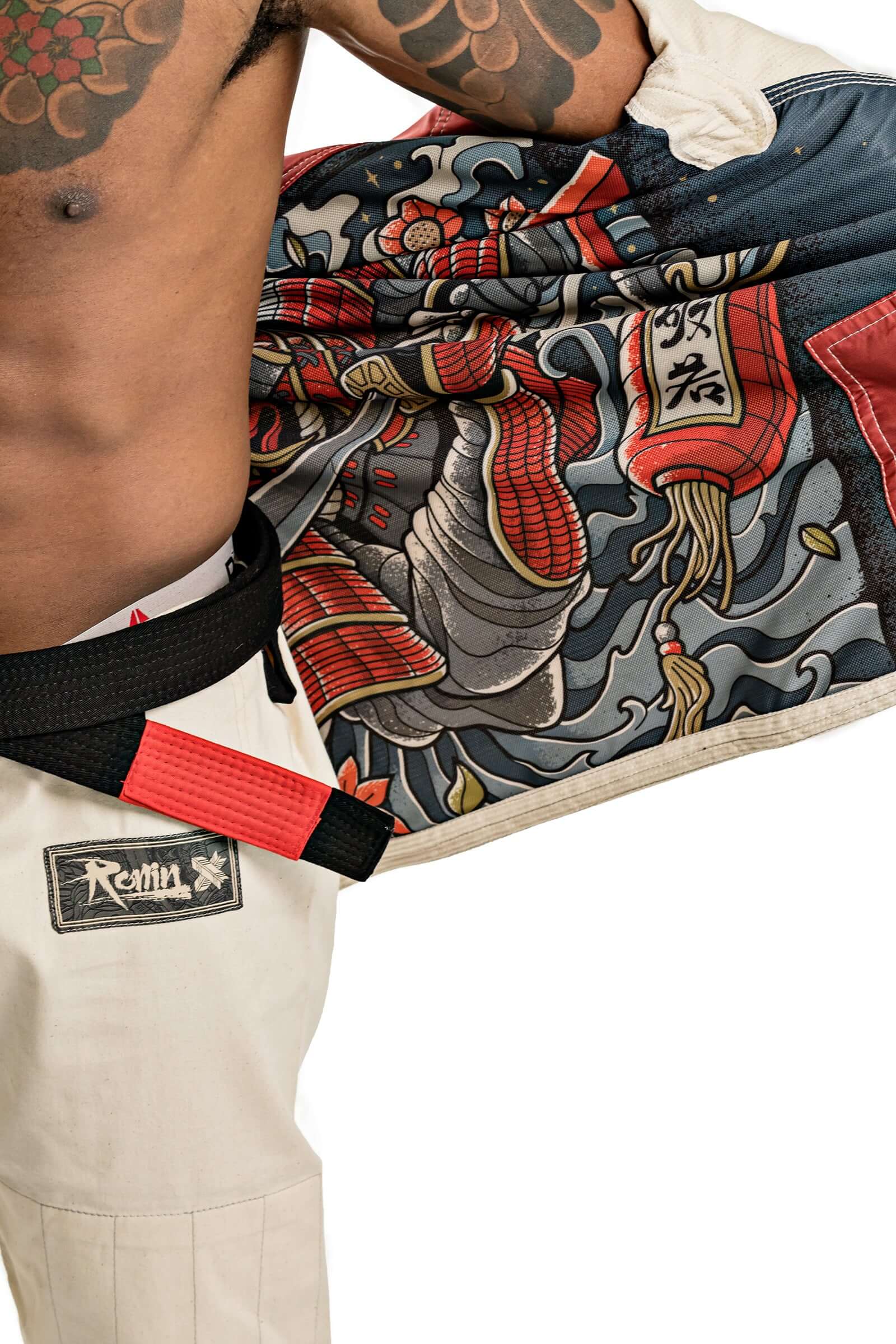 Roninbrand Oni Bushi BJJ Gi showcasing intricate design and details, perfect for Brazilian Jiu Jitsu training and competition.