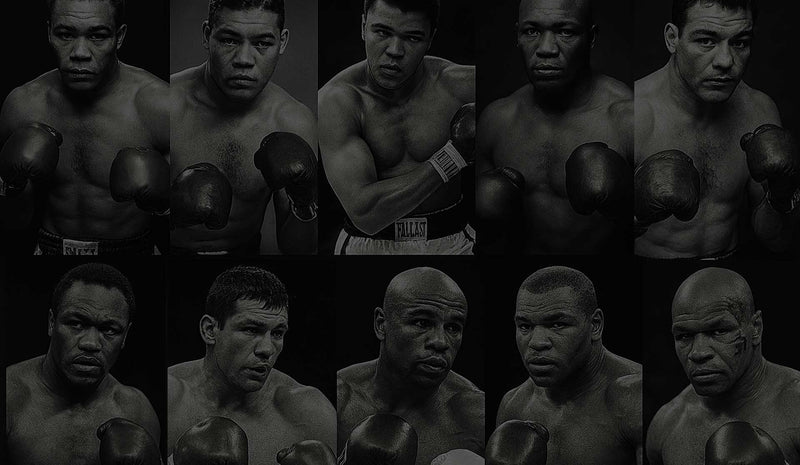 Collage of legendary boxers showcasing their skills, representing BJJ and Boxing - Paragon x Superare x Ronin.