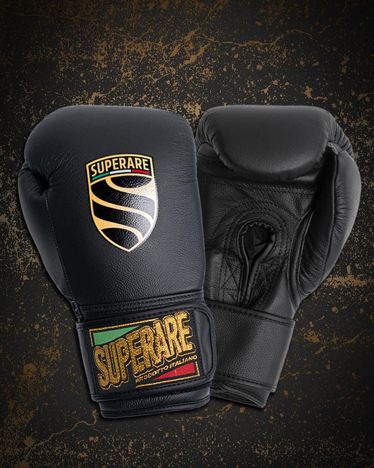 Superare S50 Boxing Gloves in Matte Black, handmade in Italy with full grain leather for elite performance.